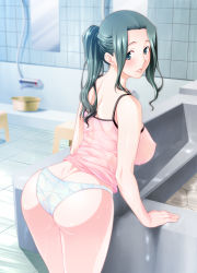 Rule 34 | 1girl, arched back, ass, bathroom, blush, breasts, cover image, green eyes, green hair, highres, large breasts, leaning forward, lips, long hair, looking at viewer, matching hair/eyes, mirror, no bra, original, panties, ponytail, see-through, shoumaru (gadget box), solo, underwear, wet, wet clothes, white panties