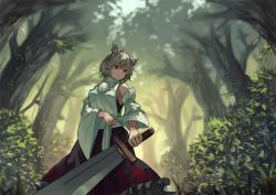 Rule 34 | 1girl, albino, animal ears, bare shoulders, berabou, bob cut, breasts, bush, detached sleeves, forest, frilled skirt, frills, frown, hat, holding, holding sword, holding weapon, inubashiri momiji, long sleeves, looking to the side, nature, outdoors, plant, pom pom (clothes), red eyes, shirt, short hair, skirt, sleeveless, sleeveless shirt, solo, standing, sword, tokin hat, touhou, tree, weapon, white hair, white shirt, wide sleeves, wolf ears