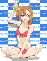 Rule 34 | 10s, 1girl, :d, arm up, barefoot, bikini, blue eyes, blush, bow, breasts, cleavage, collarbone, copyright name, crossed legs, cup, drink, drinking glass, full body, hair bow, ice, ice cube, indian style, kosaka honoka, looking at viewer, love live!, love live! school idol project, medium breasts, open mouth, orange hair, red bikini, side ponytail, simple background, sitting, smile, solo, spread legs, swimsuit, tetopetesone
