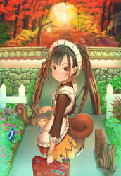 Rule 34 | 1girl, aiuabo, animal, apron, autumn, autumn leaves, backpack, bag, black hair, bridge, brown eyes, brown shirt, commentary request, day, fence, flower, forest, frilled apron, frills, highres, holding, holding lantern, lantern, looking at viewer, looking back, maid apron, maid headdress, nature, orange skirt, original, outdoors, picket fence, pink flower, plant, ponytail, river, road sign, shirt, sidelocks, sign, skirt, smokestack, solo, squirrel, squirrel tail, standing, stone wall, suitcase, tail, tree, wall, wooden fence