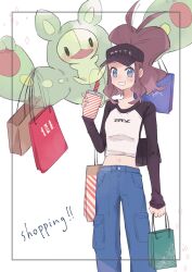 Rule 34 | 1girl, alternate costume, bag, blue eyes, blue pants, brown hair, commentary request, creatures (company), cup, drinking straw, game freak, gen 5 pokemon, grin, hand up, happy, hat, high ponytail, highres, hilda (pokemon), hime (himetya105), holding, holding cup, long sleeves, navel, nintendo, pants, pokemon, pokemon (creature), pokemon adventures, raglan sleeves, reuniclus, shirt, shopping bag, sidelocks, smile, sparkle, teeth, white background