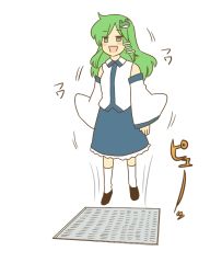 Rule 34 | 1girl, :d, detached sleeves, female focus, flying, frog hair ornament, full body, green hair, hair ornament, jumping, kochiya sanae, koyama shigeru, open mouth, simple background, smile, solo, touhou, troll face, white background, wind, wind lift