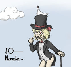 Rule 34 | 1girl, bird, blonde hair, cloud, embodiment of scarlet devil, facial hair, female focus, hat, is that so, monocle, monocle chain, mustache, no pants, pigeon, red eyes, rumia, short hair, solo, top hat, touhou, tren