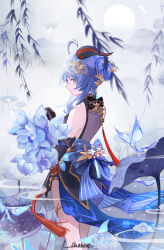 Rule 34 | 1girl, absurdres, ahoge, back bow, bare shoulders, black bow, black dress, black gloves, blue bow, blue dress, blue flower, blue hair, blurry, blurry foreground, bow, braid, braided bun, bud, chinese clothes, chinese commentary, closed mouth, crystalfly (genshin impact), dress, egasumi, elbow gloves, falling petals, flower, flower knot, flower request, fog, from side, full moon, ganyu (genshin impact), ganyu (twilight blossom) (genshin impact), genshin impact, gloves, goat horns, gold trim, gradient eyes, hair bun, hair flower, hair ornament, hand up, highres, holding, holding flower, horns, issign, leaf, long hair, looking at viewer, looking to the side, lotus, lotus leaf, moon, multicolored clothes, multicolored dress, multicolored eyes, official alternate costume, official alternate hairstyle, outdoors, petals, profile, purple eyes, qingxin flower, sideways glance, signature, single hair bun, sleeveless, sleeveless dress, smile, solo, standing, striped clothes, tassel, thighlet, thighs, water drop, willow