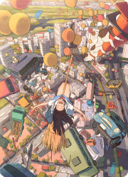 Rule 34 | 1girl, ^ ^, arai youjirou, balloon, bicycle, black hair, broom, broom riding, bus, car, cat, cityscape, closed eyes, dog, flying, from above, long hair, motor vehicle, original, outstretched arms, pickup truck, rounded corners, scenery, school uniform, scooter, semi truck, serafuku, smile, solo, spread arms, traffic cone, truck, umbrella, vehicle