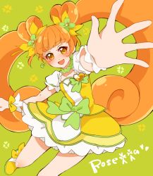 Rule 34 | 1girl, bad id, bad pixiv id, blush, bow, brooch, brown eyes, brown hair, character name, choker, cure rosetta, dokidoki! precure, double bun, earrings, flower, green background, green bow, hair bow, hair bun, hair flower, hair ornament, heart, heart brooch, jewelry, long hair, magical girl, outstretched arms, precure, purin (purin0), skirt, smile, solo, spread arms, twintails, waist bow, wrist cuffs, yellow bow, yotsuba alice