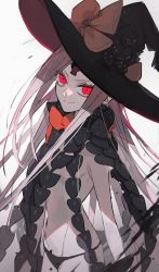 Rule 34 | 1girl, abigail williams (fate), abigail williams (third ascension) (fate), black bow, black hat, black panties, bow, ebanoniwa, facial mark, fate/grand order, fate (series), forehead mark, hat, hat bow, highres, keyhole, looking at viewer, orange bow, pale skin, panties, red eyes, revealing clothes, simple background, smile, solo, standing, underwear, white background, witch hat
