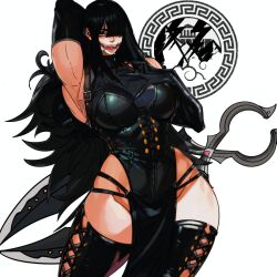 1girl bare_shoulders black_hair claws elbow_gloves glasgow_smile gloves hair_over_one_eye halterneck highres long_hair looking_at_viewer master_dcj original pelvic_curtain scissors solo standing white_background