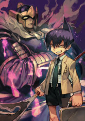Rule 34 | 2boys, armor, bason, belt, belt buckle, black hair, black shorts, briefcase, buckle, cape, closed mouth, crossed arms, fire, green neckwear, headgear, helmet, holding, holding briefcase, holding weapon, hungry clicker, jacket, long sleeves, looking at viewer, male focus, multiple boys, necktie, pauldrons, purple fire, shaman king, shirt, shorts, shoulder armor, smile, spirit, tao ren, v-shaped eyebrows, weapon, white shirt, yellow eyes, yellow jacket