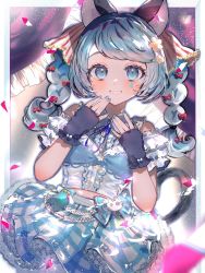 Rule 34 | 1girl, animal ears, aqua nails, blue bow, blue eyes, blue hair, blue ribbon, blue skirt, blurry, blurry foreground, blush, bow, braid, commentary request, cowboy shot, eyebrows hidden by hair, frilled shirt, frills, fur gloves, glint, hand to own mouth, hands up, highres, lace, lace-trimmed skirt, lace trim, light particles, long hair, looking at viewer, nail polish, neck ribbon, ribbon, shiny clothes, shirt, short sleeves, skirt, smile, solo, swept bangs, twin braids, valis vitte