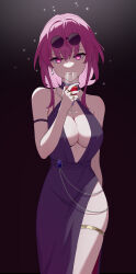 Rule 34 | 1girl, absurdres, alcohol, bare shoulders, black background, breasts, cleavage, cleavage cutout, clothing cutout, commentary, cup, dress, drinking glass, earrings, eyewear on head, fingernails, formal, hair between eyes, highres, hip vent, holding, holding cup, honkai: star rail, honkai (series), jewelry, kafka (honkai: star rail), large breasts, long hair, looking at viewer, multiple rings, nail polish, necklace, plunging neckline, purple-tinted eyewear, purple dress, purple eyes, purple hair, purple nails, red wine, ring, round eyewear, sidelocks, simple background, sleeveless, sleeveless dress, smile, solo, standing, sunglasses, thighs, tinted eyewear, uefw8437, wine, wine glass