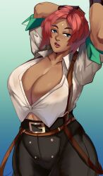 Rule 34 | 1girl, absurdres, arms up, blue eyes, breasts, cleavage, dark-skinned female, dark skin, facial mark, female focus, forehead mark, giovanna (guilty gear), guilty gear, guilty gear strive, highres, huge breasts, parted lips, puzzled artist (name), red hair, short hair, solo, suspenders