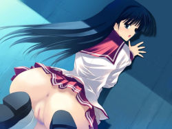 Rule 34 | 00s, 1girl, against wall, anus, ass, ass focus, back, black hair, blush, censored, dutch angle, fat mons, female focus, from behind, game cg, kneeling, kusakabe yuuki (to heart 2), long hair, looking at viewer, looking back, miniskirt, nakamura takeshi, no panties, open mouth, pleated skirt, pussy, school uniform, serafuku, shoes, skirt, socks, solo, to heart (series), to heart 2, to heart 2 xrated, underwear, upskirt