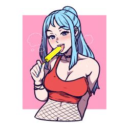 Rule 34 | 1girl, akairiot, bare shoulders, blue eyes, blue hair, blue nails, blush, border, breasts, choker, cleavage, collarbone, commentary, crop top, cropped torso, dripping, ear piercing, english commentary, fishnet top, fishnets, food, food on clothes, highres, holding, holding food, iru may (akairiot), long hair, medium breasts, nail polish, navel, off shoulder, original, piercing, pink background, ponytail, popsicle, red shirt, sexually suggestive, shirt, sidelocks, simple background, sleeveless, sleeveless shirt, solo, spaghetti strap, strap slip, sweat, tank top, teeth, tongue, tongue out, upper body, upper teeth only, white border
