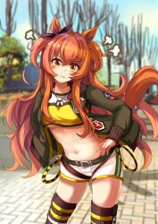 Rule 34 | 1girl, absurdres, animal ears, black bow, black thighhighs, blurry, blurry background, bomber jacket, bow, breasts, commentary request, cowboy shot, dog tags, ear bow, hanamura pink, hand on own hip, harness, highres, horse ears, horse girl, horse tail, jacket, long hair, long sleeves, looking at viewer, mayano top gun (umamusume), midriff, navel, orange hair, outdoors, pout, shorts, small breasts, solo, tail, tank top, thighhighs, two side up, umamusume, very long hair, white shorts