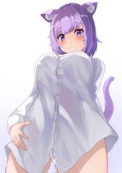 Rule 34 | 1girl, :3, absurdres, animal ear fluff, animal ears, blunt bangs, blush, breasts, cat ears, cat girl, cat tail, closed mouth, dress shirt, from below, gluteal fold, haru yu, highres, hololive, large breasts, looking at viewer, naked shirt, nekomata okayu, nekomata okayu (oversized shirt), no pants, official alternate costume, purple eyes, purple hair, shirt, short hair, simple background, smile, solo, tail, virtual youtuber, white background, white shirt