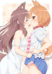 Rule 34 | 2girls, :s, animal ears, blush, brown eyes, brown hair, closed eyes, clothes lift, collar, dog ears, dog tail, dress, fang, highres, holding hands, long hair, looking at another, multiple girls, open mouth, original, panties, profile, short hair, skirt, skirt lift, standing, strap slip, striped clothes, striped panties, tachimi (basue), tail, underwear, wavy mouth, white dress, yuri