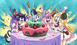Rule 34 | 2snacks (artist), amane kanata, baseball cap, bibi (tokoyami towa), birthday, birthday cake, blonde hair, cake, confetti, curled horns, demon girl, demon tail, dress, food, halo, hat, highres, himemori luna, himemori luna (1st costume), hololive, horns, long hair, long sleeves, party hat, pink hair, purple hair, sheep girl, table, tail, tokoyami towa, tsunomaki watame, tsunomaki watame (1st costume), virtual youtuber, white dress, white hair