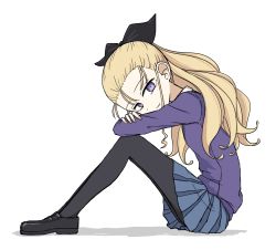 Rule 34 | 1girl, assam (girls und panzer), black footwear, black pantyhose, black ribbon, blonde hair, blue eyes, blue skirt, blue sweater, closed mouth, commentary, from side, girls und panzer, hair pulled back, hair ribbon, highres, hugging own legs, leaning forward, loafers, long hair, long sleeves, looking at viewer, miniskirt, pantyhose, pleated skirt, ribbon, school uniform, shadow, shoes, simple background, sitting, skirt, smile, solo, st. gloriana&#039;s school uniform, sweater, takedabu, white background