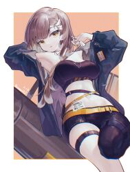 Rule 34 | 1girl, absurdres, arknights, armpits, arms up, bandeau, bare shoulders, black bandeau, black jacket, black pants, breasts, brown hair, commentary request, dreamerdlt, fire whistle (arknights), highres, id card, jacket, large breasts, long hair, long sleeves, looking at viewer, midriff, navel, off shoulder, open clothes, open jacket, pants, parted lips, partial commentary, solo, stomach, strapless, thigh strap, thighs, tube top, yellow eyes