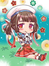 Rule 34 | 1girl, blue sailor collar, brown hair, chibi, eating, food, food on face, gloves, hat, hip vent, holding, holding food, izumi shara, kantai collection, kurahashi (kancolle), medium hair, onigiri, pleated skirt, puffy short sleeves, puffy sleeves, red eyes, red skirt, rice, rice on face, sailor collar, sailor hat, sailor shirt, shirt, short sleeves, sitting, skirt, socks, solo, twintails, white gloves, white shirt, white socks