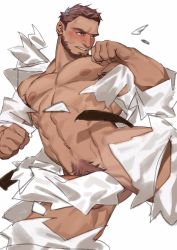 Rule 34 | 1boy, abs, armpit hair, bara, bare pectorals, beard, blush, bulge, character request, check character, check copyright, copyright request, dougi, erection, erection under clothes, excessive pubic hair, facial hair, feet out of frame, groin, highres, horikwawataru, large pectorals, looking to the side, male focus, male pubic hair, mature male, muscular, muscular male, navel, navel hair, nipples, original, pectorals, penis, penis peek, pubic hair, short hair, solo, spread legs, stomach, thick thighs, thighs, torn clothes