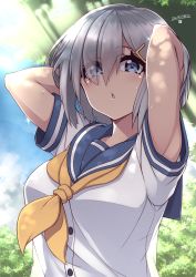 Rule 34 | 10s, 1girl, 2016, :o, armpit peek, arms behind head, arms up, blue eyes, breasts, buttons, dated, day, eyes visible through hair, hair ornament, hair over one eye, hairclip, hamakaze (kancolle), highres, kantai collection, large breasts, looking at viewer, mku, neckerchief, open mouth, outdoors, plant, school uniform, serafuku, short hair, silver hair, solo, sweat, upper body, yellow neckerchief