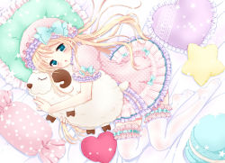 Rule 34 | 1boy, blonde hair, bonnet, bow, commentary request, crossdressing, dress, frilled pillow, frilled thighhighs, frills, from above, green eyes, heart, heart-shaped pillow, kohachi honey, long hair, male focus, open mouth, original, pillow, ribbon, solo, stuffed animal, stuffed sheep, stuffed toy, thighhighs, trap