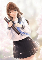 Rule 34 | 1girl, black sailor collar, black skirt, blue neckerchief, breasts, brown eyes, brown hair, commentary request, diploma, facing viewer, graduation, hand on own chest, long sleeves, looking at viewer, medium breasts, nayuta69, neckerchief, original, sailor collar, school uniform, serafuku, shirt, skirt, smile, solo, tearing up, white shirt