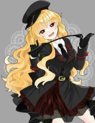 Rule 34 | 1girl, alternate costume, belt, black gloves, black hat, black neckwear, blonde hair, blush, breast pocket, buttons, collared shirt, cowboy shot, double-breasted, fang, gloves, grey background, hat, head tilt, holding, junko (touhou), kusoyarou, long hair, long sleeves, looking at viewer, military, military uniform, open mouth, peaked cap, pocket, red eyes, riding crop, shirt, sidelocks, solo, touhou, uniform, wavy hair, white shirt