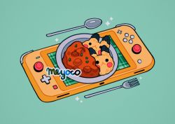Rule 34 | artist name, creatures (company), curry, food, food focus, fork, game freak, gen 1 pokemon, green background, handheld game console, meyoco, nintendo, nintendo switch, no humans, original, pikachu, plaid, plate, pokemon, pokemon (creature), simple background, sparkle, spoon