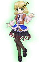 Rule 34 | 1girl, arm warmers, blonde hair, female focus, full body, gradient background, green eyes, highres, kuro suto sukii, mizuhashi parsee, pantyhose, scarf, short hair, simple background, solo, standing, touhou, white background