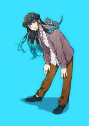 Rule 34 | 1boy, aqua background, aqua eyes, aqua hair, black footwear, black hair, brown jacket, brown pants, cat, cat on person, collared shirt, contemporary, full body, highres, jacket, jewelry, kimetsu no yaiba, long hair, male focus, multicolored hair, necklace, open mouth, pants, ring, shadow, shinishi chiho, shirt, shoes, simple background, smile, solo, standing, tokitou muichirou, two-tone hair, white shirt