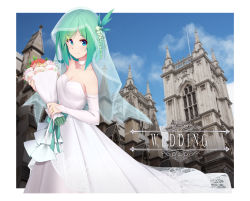 Rule 34 | 1girl, absurdres, arnold-s, artist request, blue eyes, blush, bouquet, breasts, bridal gauntlets, bridal veil, choker, cleavage, collarbone, day, dress, flower, green hair, highres, holding, holding bouquet, jewelry, long hair, looking at viewer, medium breasts, original, ornate ring, ring, sky, sleeveless, sleeveless dress, smile, solo, strapless, strapless dress, veil, wedding dress, wedding ring, white dress