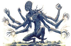 Rule 34 | 1other, amygdala (bloodborne), bloodborne, eldritch abomination, extra arms, extra eyes, from software, highres, monster, multiple arms, no humans, shimhaq, signature, simple background, solo, squatting, white background