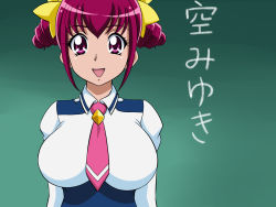 Rule 34 | 1girl, board, breasts, chalkboard, drill hair, highres, hoshizora miyuki, lento (glamour works), looking at viewer, open mouth, precure, purple eyes, purple hair, school uniform, smile, smile precure!, twintails