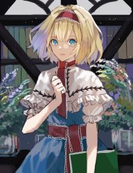 Rule 34 | 1girl, alice margatroid, ascot, blonde hair, blue dress, blue eyes, book, capelet, commentary request, dress, frilled ascot, frilled capelet, frilled hairband, frills, hairband, highres, holding, holding book, lips, lolita hairband, looking at viewer, nanasuou, puffy short sleeves, puffy sleeves, red ascot, red hairband, short hair, short sleeves, solo, touhou, white capelet