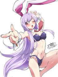 Rule 34 | 1girl, ;o, alternate costume, animal ears, arm up, bare shoulders, blue panties, blush, breasts, cleavage, collarbone, commentary request, covered erect nipples, detached collar, double finger gun, eyelashes, finger gun, fingernails, frilled panties, frills, highres, light purple hair, long hair, looking at viewer, medium breasts, navel, necktie, one eye closed, open mouth, panties, pointing, pointing at viewer, rabbit ears, red eyes, red necktie, reisen udongein inaba, shiny skin, sidelocks, simple background, solo, standing, standing on one leg, stomach, strapless, sweatdrop, swimsuit, thighs, touhou, tube top, uguisu (happy turn), underwear, white background, wing collar, wrist cuffs