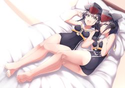 Rule 34 | 10s, 2girls, :d, ass, asymmetrical hair, barefoot, bed, bed sheet, black hair, black one-piece swimsuit, brown eyes, headphones, i-13 (kancolle), i-14 (kancolle), kantai collection, lying, mku, multiple girls, on back, on side, one-piece swimsuit, open mouth, pillow, sailor collar, sailor shirt, school swimsuit, shirt, short hair, siblings, sisters, sleeveless, sleeveless shirt, smile, swimsuit, swimsuit under clothes, toes, white sailor collar