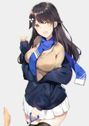 Rule 34 | 1girl, alios arvin, alternate costume, azur lane, black hair, black thighhighs, blurry, blush, breasts, brown eyes, casual, choukai (azur lane), commentary, commentary request, depth of field, dog, flower, hair flower, hair ornament, highres, jacket, large breasts, leash, long hair, looking at viewer, off shoulder, pleated skirt, ribbed sweater, scarf, skirt, smile, solo, sweater, thighhighs