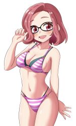 Rule 34 | 1girl, absurdres, bikini, breasts, cleavage, commission, cowboy shot, glasses, highres, layered bikini, maho (corotonton5150), medium breasts, mole, mole under eye, open mouth, original, pink bikini, red eyes, red hair, short hair, simple background, smile, solo, striped bikini, striped clothes, swimsuit, teeth, upper teeth only, white background