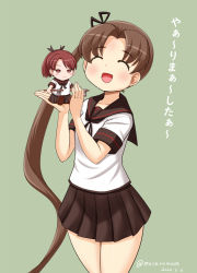 Rule 34 | 1girl, anchor, anchor symbol, ayanami (kancolle), ayanami kai ni (kancolle), blush, brown eyes, brown skirt, character doll, closed eyes, dated, green background, hair ribbon, holding, kantai collection, long hair, masara (chuujou), open mouth, pleated skirt, ponytail, ribbon, sailor collar, school uniform, serafuku, shikinami (kancolle), shikinami kai ni (kancolle), short sleeves, simple background, skirt, solo, twitter username