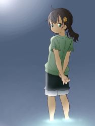 Rule 34 | 1girl, arms behind back, bad id, bad twitter id, black hair, black shorts, closed mouth, copyright request, flower, from behind, green eyes, green shirt, hair flower, hair ornament, holding own wrist, long hair, looking at viewer, looking back, shika (s1ka), shirt, short shorts, short sleeves, shorts, side ponytail, smile, solo, standing, yellow flower