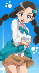 Rule 34 | 00s, 1girl, awa, black hair, blue background, braid, breast hold, breasts, brown eyes, candice (pokemon), clothes around waist, creatures (company), game freak, gym leader, hair ornament, hairclip, multi-tied hair, nintendo, paw print, pokemon, pokemon dppt, ribbon, skirt, solo, sweater, sweater around waist, twin braids