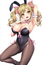 Rule 34 | 1girl, animal ears, ankle strap, arm behind head, arm garter, arm up, armpits, bang dream!, bare shoulders, black hairband, black leotard, blonde hair, bow, bowtie, breasts, brown pantyhose, cameltoe, cleavage, cleft of venus, commentary, covered navel, cowboy shot, detached collar, earrings, fake animal ears, groin, hair ornament, hair ribbon, hairband, hairclip, hand up, head tilt, ichigaya arisa, jewelry, lambda (kusowarota), large breasts, leg up, leotard, light blush, long hair, looking at viewer, nipples, one breast out, open mouth, pantyhose, pink bow, pink bowtie, pink ribbon, playboy bunny, puffy nipples, rabbit ears, raised eyebrows, ribbon, side-tie leotard, sidelocks, simple background, solo, standing, standing on one leg, strapless, strapless leotard, twintails, white background, wrist cuffs, yellow eyes
