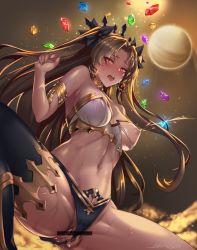 Rule 34 | 1girl, arm behind back, armlet, armpit crease, backlighting, bar censor, bare shoulders, between legs, bikini, bikini bottom aside, black bikini, black ribbon, black thighhighs, blush, breasts, bridal gauntlets, brown hair, censored, cleavage, clothing aside, collar, fate/grand order, fate (series), female masturbation, gem, hair ribbon, half-closed eyes, hand between legs, highres, ishtar (fate), lactation, large breasts, long hair, looking down, mad kimo, masturbation, mismatched bikini, navel, one breast out, open mouth, parted bangs, planet, pussy, pussy juice, red eyes, ribbon, signature, single thighhigh, solo, spread legs, stomach, sweat, swimsuit, teeth, thighhighs, thighlet, tongue, tongue out, torn bikini, torn clothes, two side up, upper teeth only, white bikini