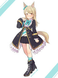 Rule 34 | 1girl, animal ears, aqua bow, aqua bowtie, aqua socks, armband, black footwear, black jacket, black skirt, blue background, blush, boots, bow, bowtie, brown eyes, clenched hand, collar, cosplay, dot nose, extra ears, frilled collar, frilled jacket, frills, full body, hair ribbon, hand up, highres, horse ears, horse girl, horse tail, idolmaster, idolmaster cinderella girls, jacket, legs, light brown hair, long hair, long sleeves, looking at viewer, mejiro mcqueen (umamusume), mejiro mcqueen (umamusume) (cosplay), miniskirt, morikubo nono, open clothes, open jacket, pleated skirt, revision, ribbon, shirt, skirt, smile, socks, solo, standing, striped clothes, striped shirt, tail, thighs, translation request, two-tone background, uccow, umamusume, wavy mouth, white background