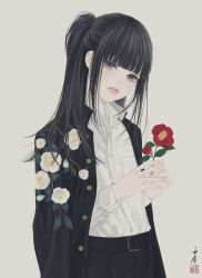 Rule 34 | 1boy, absurdres, belt, bishounen, black belt, black hair, black jacket, black pants, blunt bangs, buttons, camellia, collared shirt, commentary, cowboy shot, dress shirt, floral print, flower, gakuran, grey background, grey eyes, half updo, highres, holding, holding flower, jacket, jacket on shoulders, leaf print, long hair, long sleeves, looking at viewer, male focus, open clothes, open jacket, original, pants, parted lips, ponytail, red flower, school uniform, seal impression, shirt, shirt tucked in, sidelocks, signature, solo, standing, straight hair, ushiyama ame, white flower, white shirt