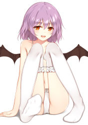 Rule 34 | 1girl, ass, bare arms, bare shoulders, bat wings, black wings, bow, bow panties, bra, bridal garter, collarbone, commentary request, fang, flan (seeyouflan), full body, hair between eyes, highres, ke-ta (style), knees up, light purple hair, looking at viewer, navel, no headwear, no headwear, no shoes, open mouth, panties, red eyes, remilia scarlet, short hair, simple background, sitting, smile, soles, solo, stomach, thighhighs, thighs, touhou, underwear, underwear only, white background, white bow, white bra, white panties, white thighhighs, wings