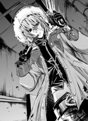 Rule 34 | 00s, candy, chocolate, death note, food, gun, jacket, lowres, mello (death note), midriff, monochrome, weapon